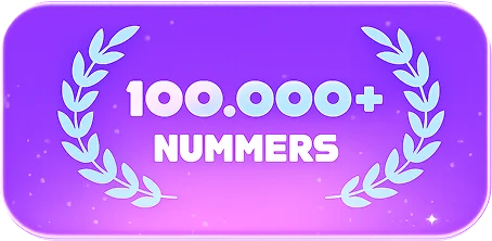 Jaskrawofioletowy prostokąt ze świecącą obwódką i wieńcem laurowym wyświetla pogrubiony tekst „100,000+ numbers” (ponad 100 000 liczb), który symbolizuje osiągnięcie lub kamień milowy.